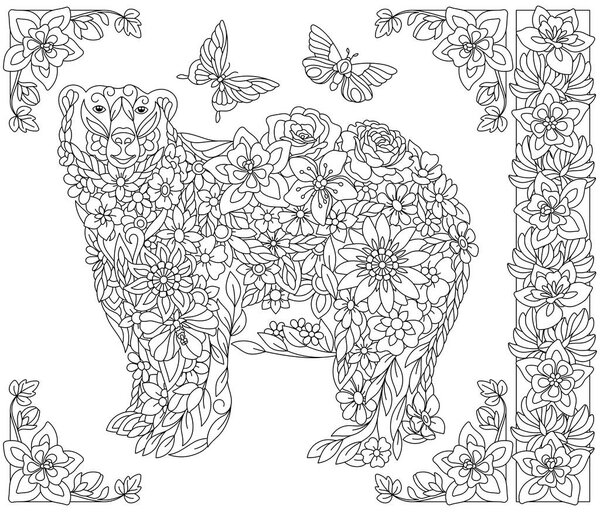 Adult coloring book page. Floral polar bear. Ethereal animal consisting of flowers, leaves and butterflies