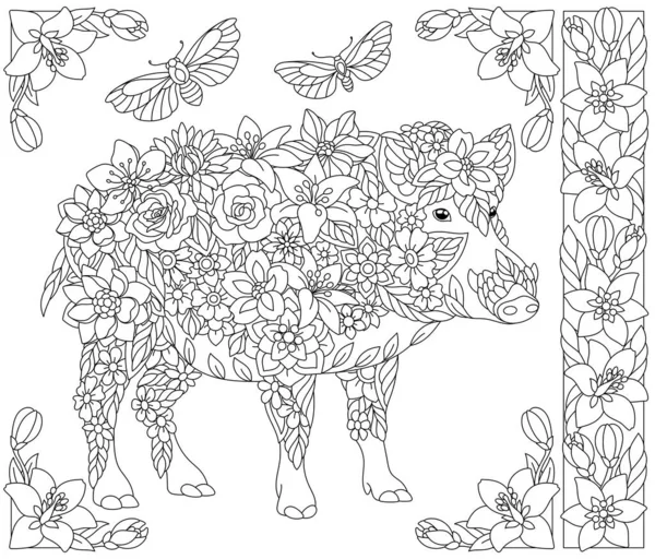 Yetişkin boyama kitabı sayfası. Yaban domuzu. Çiçekler, yapraklar ve kelebeklerden oluşan ruhani bir hayvan.