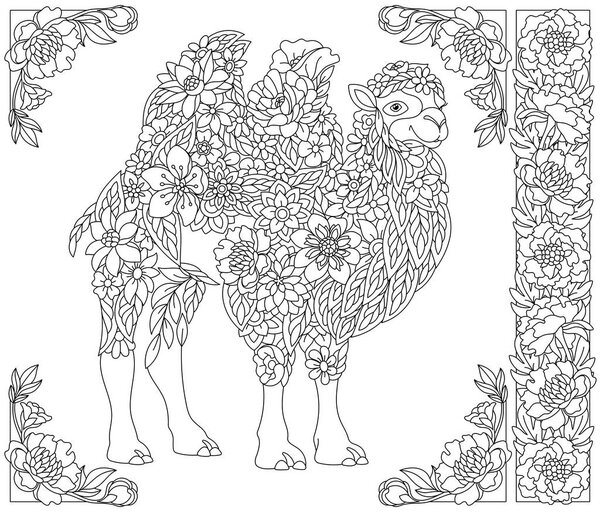 Adult coloring book page. Floral camel. Ethereal animal consisting of flowers and leaves