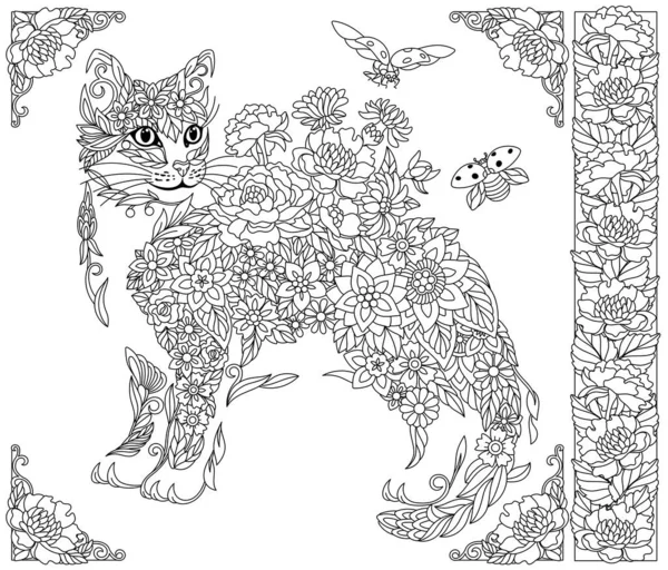 Adult Coloring Book Page Floral Cat Ethereal Animal Consisting Flowers — Stok Vektör