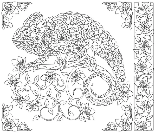 Adult Coloring Book Page Floral Chameleon Ethereal Animal Consisting Flowers — Image vectorielle