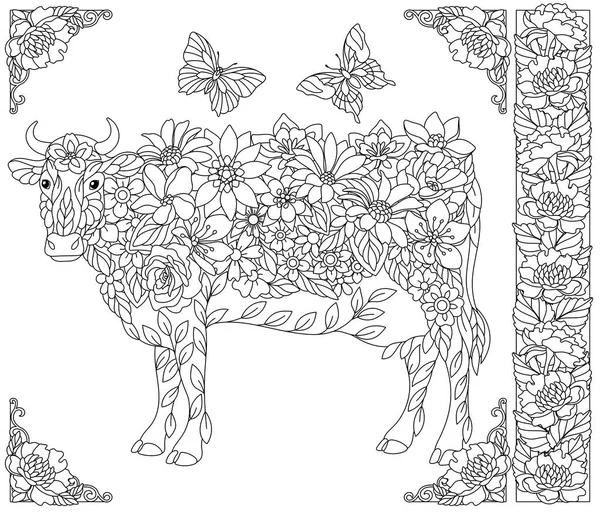 Adult Coloring Book Page Floral Cow Ethereal Animal Consisting Flowers — Stockvektor