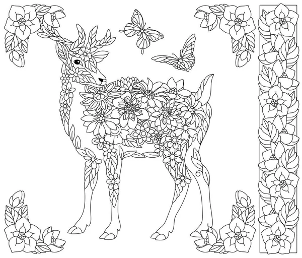 Adult Coloring Book Page Floral Deer Ethereal Animal Consisting Flowers — Stockový vektor