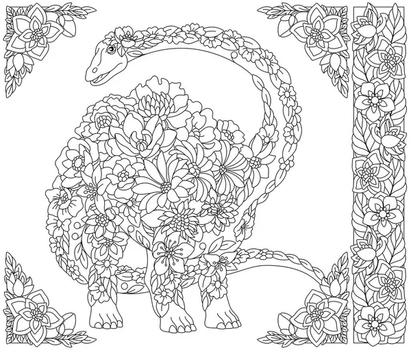 Adult Coloring Book Page Floral Diplodocus Dinosaur Ethereal Animal Consisting — Vettoriale Stock