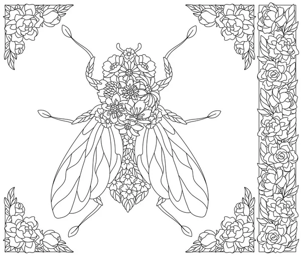 Adult Coloring Book Page Floral Fly Ethereal Animal Consisting Flowers — Vettoriale Stock