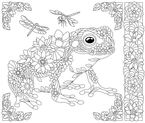 Livre Coloriage Adulte Grenouille Florale Animal Éthéré Composé Fleurs Feuilles — Image vectorielle