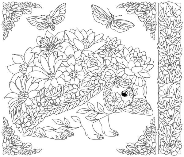Adult Coloring Book Page Floral Hedgehog Ethereal Animal Consisting Flowers — Vector de stock