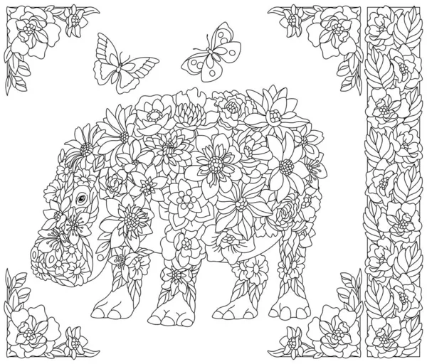 Adult Coloring Book Page Floral Hippo Ethereal Animal Consisting Flowers — Archivo Imágenes Vectoriales