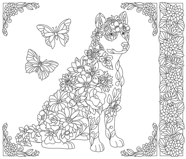 成人彩绘书页 花哈士奇狗 由花朵 叶子和蝴蝶组成的空中动物 — 图库矢量图片