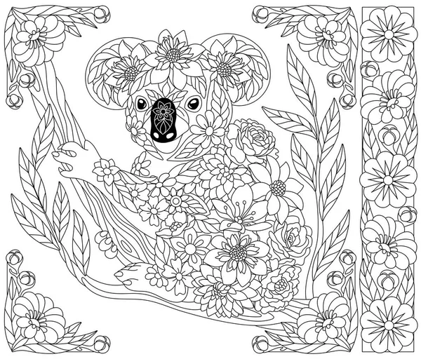 Adult Coloring Book Page Floral Koala Bear Ethereal Animal Consisting — Image vectorielle