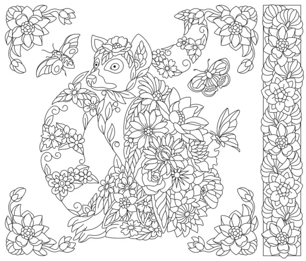 Yetişkin Boyama Kitabı Sayfası Çiçekli Lemur Çiçekler Yapraklar Kelebeklerden Oluşan — Stok Vektör