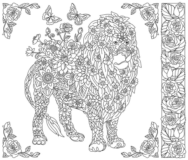 Ενήλικες Σελίδα Βιβλίου Ζωγραφικής Φλοράλ Λιοντάρι Αιθέριο Ζώο Που Αποτελείται — Διανυσματικό Αρχείο