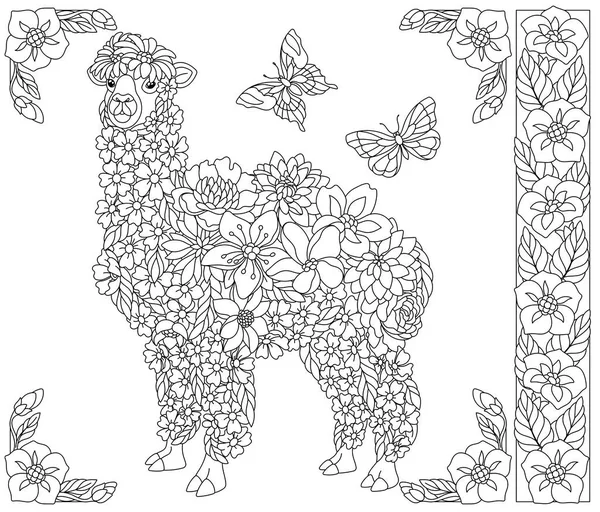 Adult Coloring Book Page Floral Llama Alpaca Ethereal Animal Consisting — Stockový vektor