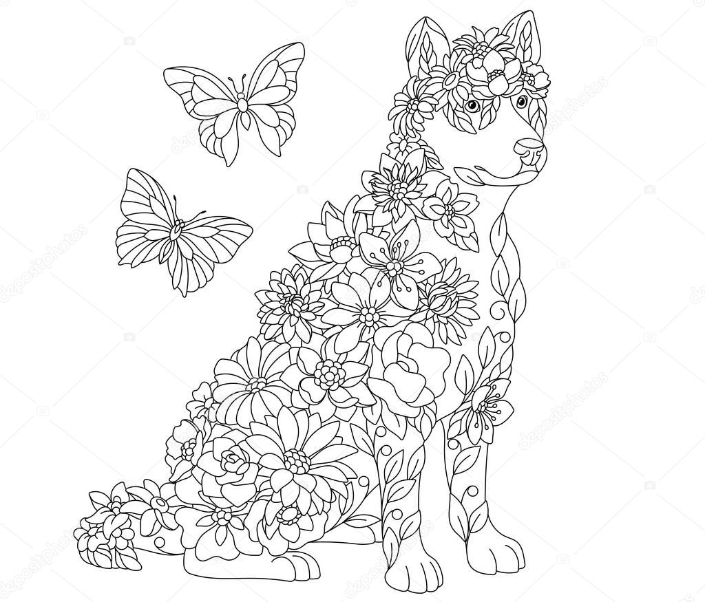 Vettoriale stockFloreale Adulto Colorare Libro Pagina Cane Fiaba Husky  Animale Etereo di ©Sybirko #567257030, image size:1024x875