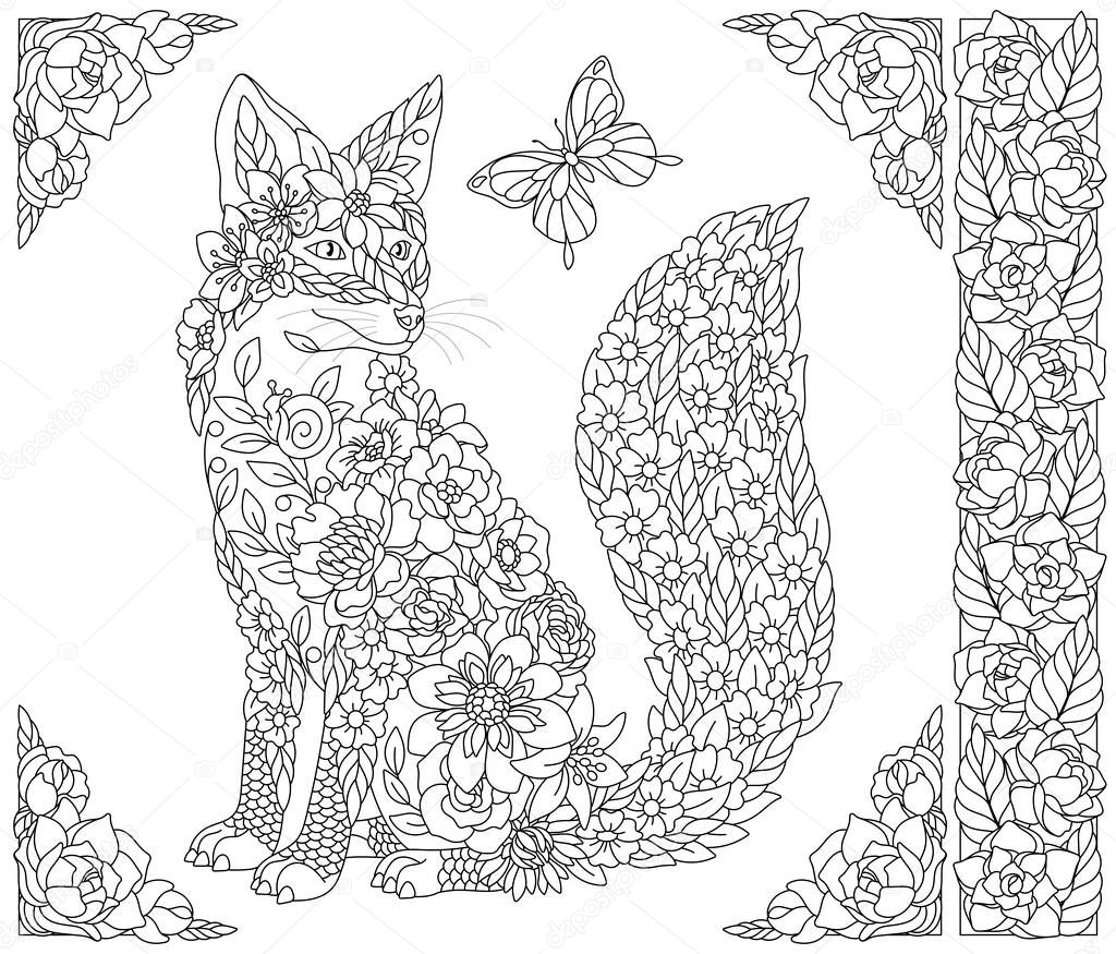 Adult coloring book page. Floral fox. Ethereal animal consisting of flowers, leaves and butterflies