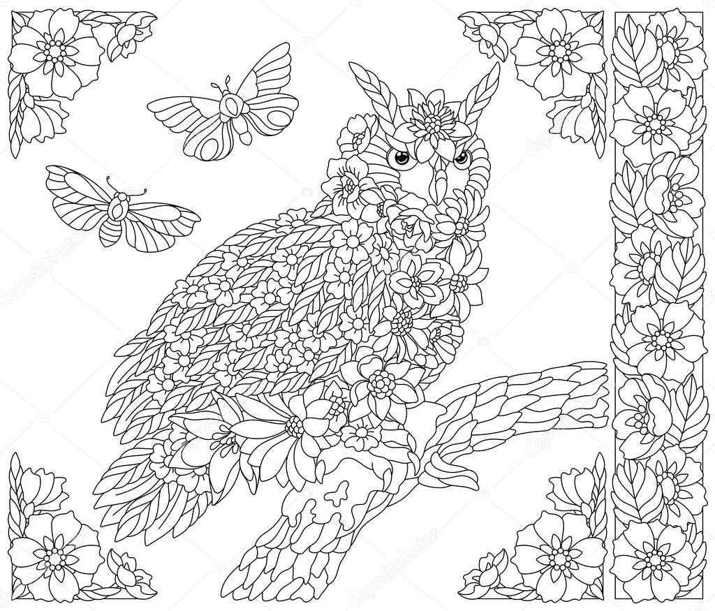 Adult coloring book page. Floral owl bird. Ethereal animal consisting of flowers, leaves and butterflies