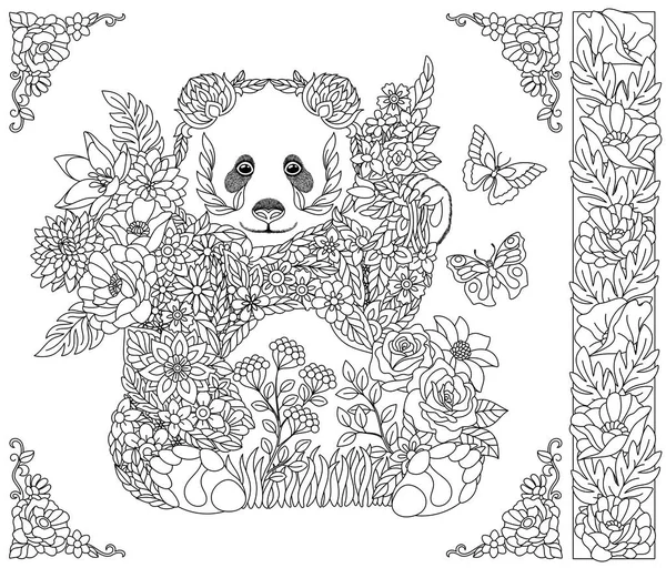 Libro Colorare Adulti Orso Panda Floreale Animale Etereo Costituito Fiori — Vettoriale Stock