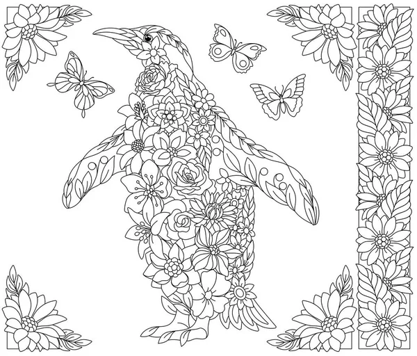 Adult Coloring Book Page Floral Penguin Ethereal Animal Consisting Flowers — Vector de stock