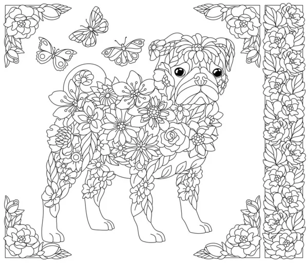Adult Coloring Book Page Floral Pug Dog Ethereal Animal Consisting — Stockový vektor