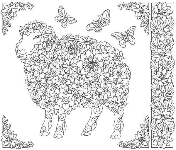 Adult Coloring Book Page Floral Sheep Ethereal Animal Consisting Flowers — 스톡 벡터