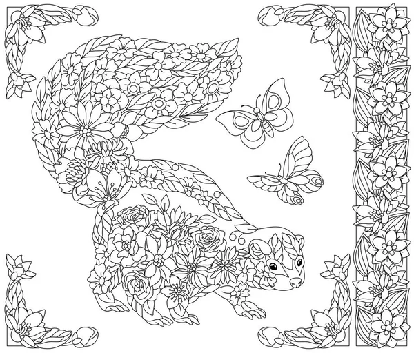 Livre Coloriage Adulte Mouffette Florale Animal Éthéré Composé Fleurs Feuilles — Image vectorielle