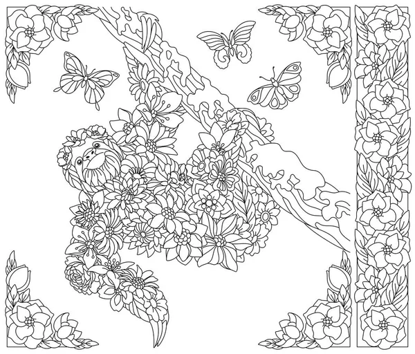 Adult Coloring Book Page Floral Sloth Tree Ethereal Animal Consisting — стоковый вектор