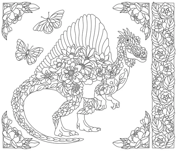 成人彩绘书页 花生龙恐龙 由花朵 叶子和蝴蝶组成的空中动物 — 图库矢量图片