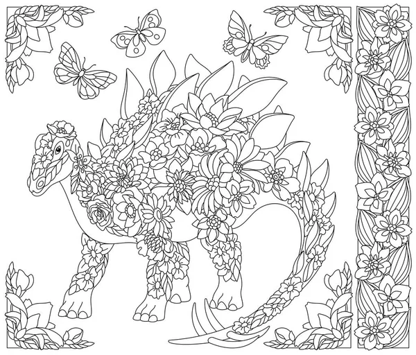 Adult Coloring Book Page Floral Stegosaurus Dinosaur Ethereal Animal Consisting — Vetor de Stock