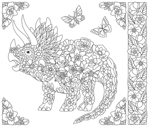 成人彩绘书页 花三脚龙恐龙 由花朵 叶子和蝴蝶组成的空中动物 — 图库矢量图片