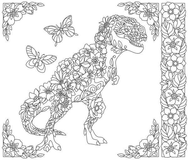 成人彩绘书页 花霸道龙 雷克斯龙 由花朵 叶子和蝴蝶组成的空中动物 — 图库矢量图片