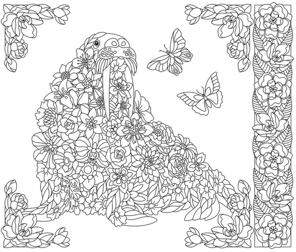 Adult Coloring Book Page Floral Walrus Ethereal Animal Consisting Flowers — Image vectorielle