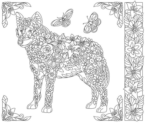 Adult coloring book page. Floral wolf. Ethereal animal consisting of flowers, leaves and butterflies