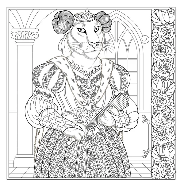 Fantasy Fairytale Lion Girl Vintage Coloring Book Page Adults — Vetor de Stock