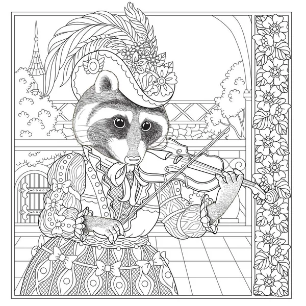 Fantasy Fairytale Raccoon Girl Vintage Coloring Book Page Adults — ストックベクタ