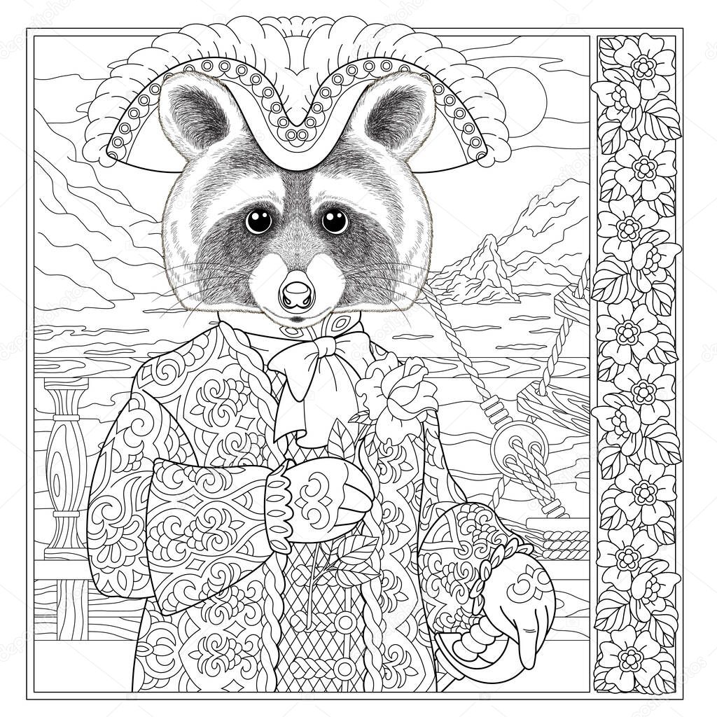 Fantasy fairytale raccoon man. Vintage coloring book page for adults