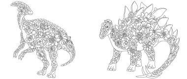 Fantezi çiçekli dinozorlarla renklendirilmiş sayfalar. Çiçekli Hadrosaurus ve Stegosaurus. 