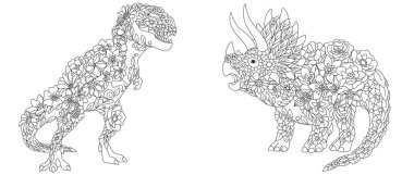 Fantezi çiçekli dinozorlarla renklendirilmiş sayfalar. Tyrannosaurus T-rex ve çiçekli triceratops.