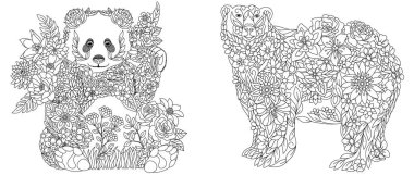 Coloring pages set with fantasy floral animals. Panda and polar white bear with flowers