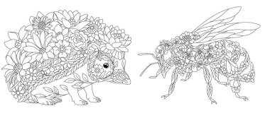 Coloring pages set with fantasy floral animals. Hedgehog and honey bee with flowers