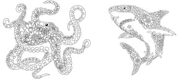 Fantezi çiçekli hayvanlarla dolu renkli sayfalar. Ahtapot ve çiçekli deniz köpekbalığı.