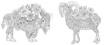 Coloring pages set with fantasy floral animals. Bison and ram with flowers