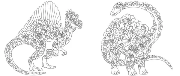 Dibujos Para Colorear Con Dinosaurios Florales Fantasía Espinosaurio Diplodocus Con — Vector de stock