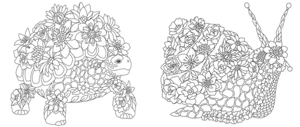 Coloring Pages Set Fantasy Floral Animals Turtle Ans Snail Flowers — Stockvektor