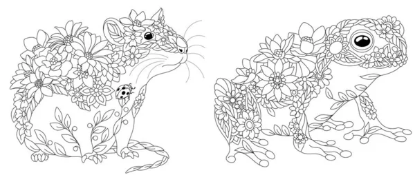 Coloriages Sertis Animaux Floraux Fantastiques Souris Grenouille Aux Fleurs — Image vectorielle