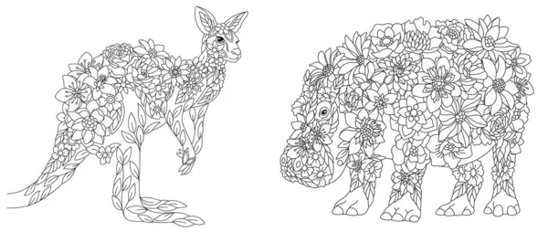 Coloring Pages Set Fantasy Floral Animals Kangaroo Hippo Flowers — Stock vektor