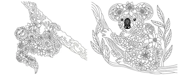 Coloring Pages Set Fantasy Floral Animals Sloth Koala Bear Flowers — Stockvector