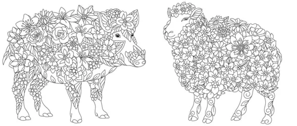 Coloring Pages Set Fantasy Floral Animals Pig Sheep Flowers — Stockový vektor