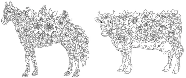 Coloring Pages Set Fantasy Floral Animals Horse Cow Flowers — Stok Vektör