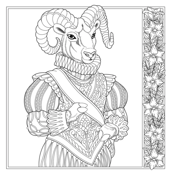 Goat Animal Portrait Fairytale Design Coloring Book Page Adults Kids — Stock Vector