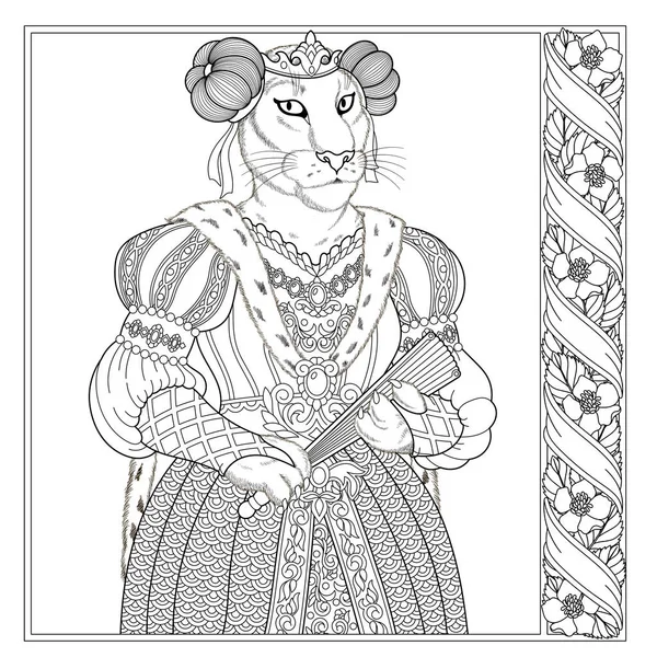 Lioness Animal Portrait Fairytale Design Coloring Book Page Adults Kids — ストックベクタ
